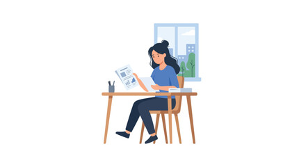 Fototapeta premium A young woman sits at a desk in her home office, reviewing business documents and financial charts near a bright window with a city view.