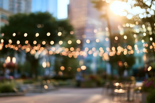 Abstract urban boulevard with glowing bokeh lights at sunset