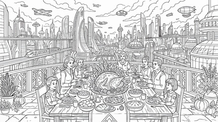 Obraz premium Black and White Coloring Page of a Thanksgiving Harvest Dinner with Family in a Futuristic City, Outline Vector Illustration for Kids and Adults