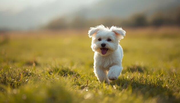 Puppy runs happily across a sunlit grassy field during a beautiful afternoon outdoors.
