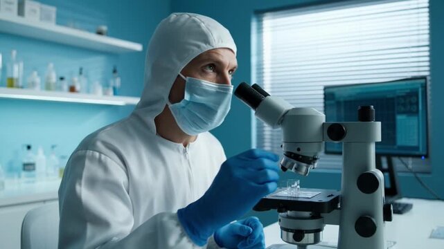 Scientist In Lab Coat And Gloves Examining Microscope Slides In Modern Research Laboratory Setting video clip
