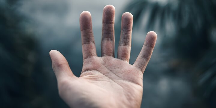 A human hand displays five fingers with detailed skin texture against a blurred dark background.