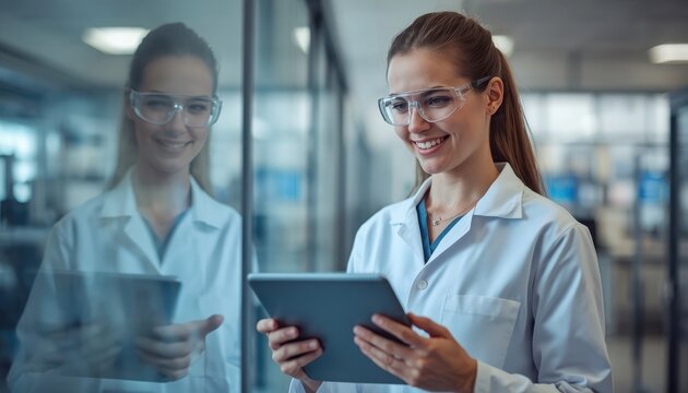 Scientist in a laboratory environment inspects data on a digital tablet while wearing protective eyewear and a white coat.