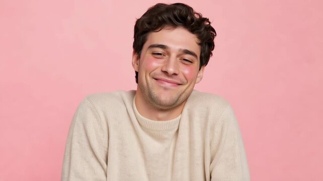 Young man with shy smile and blushing cheeks against pink background
