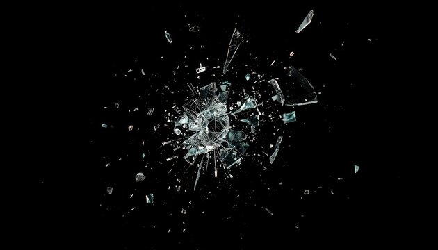 Glass surface experiences a violent point of impact resulting in a radial spiderweb crack pattern on a dark backdrop.