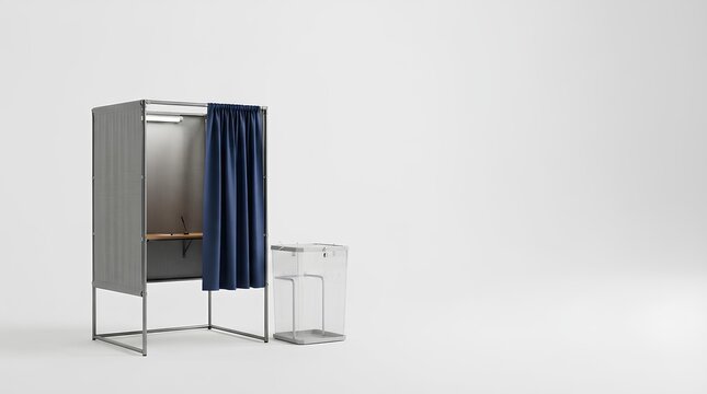 Realistic voting booth with curtain and ballot box, isolated on white background, positioned in the lower left corner with wide empty space for social media layouts, neutral studio lighting, no text.