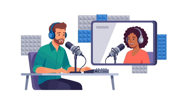 Professional male host conducting remote podcast interview with guest on digital screen flat vector illustration