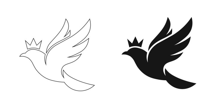 Flying Crowned Bird Outline And Silhouette Vector Icons For Royal Logos Set Of Two