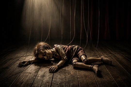 Collapsed marionette on wooden stage with dangling control strings under dramatic lighting.