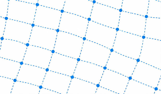 An abstract geometric pattern featuring a distorted grid of blue dots linked by dashed lines on a plain white background, suitable for graphic design or tech-related visuals.
