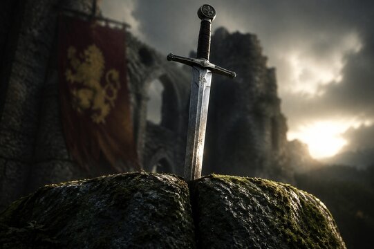 A medieval longsword thrust into a crack in mossy stone.
