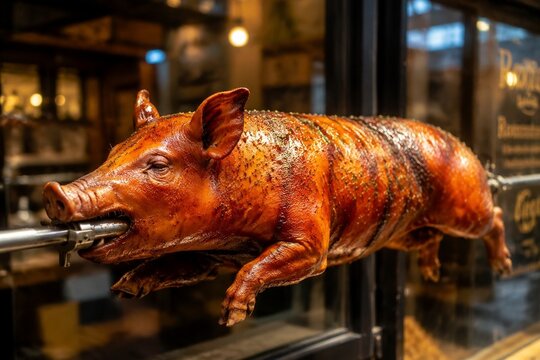 A whole suckling pig rotating slowly on a spit, glistening with oil and herbs in golden light.