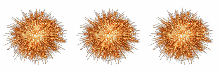 Fototapeta premium Golden Spiky Firework Bursts and Glowing Sparkballs Isolated on White Background, Explosive Particle Effect PNG Stock Graphic for Celebration, Action, and Sci-Fi Designs