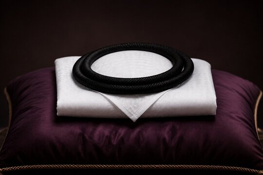 Neatly folded white kufiyah on dark silk cushion, symbolic composition.