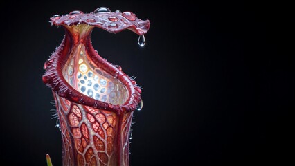 Obraz premium A red pitcher plant with dew drops, glowing softly against a black background.