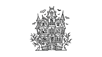Obraz premium Professional Black and White Line Drawing of a Haunted Gothic Style House with Bats and Twisted Tree Branches for Halloween Decor