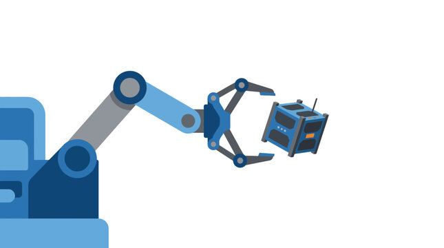 Industrial robotic arm deploying cubesat satellite for orbital mission flat design vector illustration