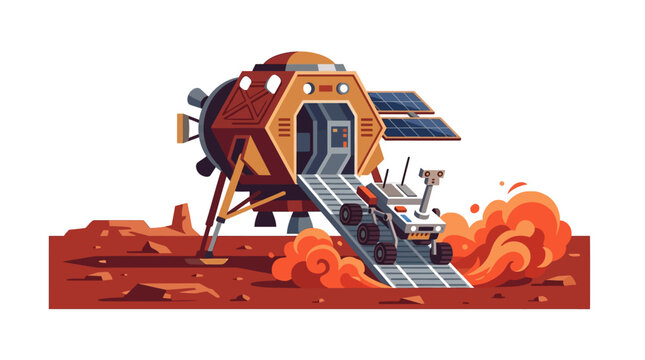 Space lander deploying robotic rover on Mars planet surface with dust clouds flat design vector illustration.