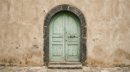 Fototapeta premium Vintage Green Door Set Against Light Stucco Wall in Pastoral Scene
