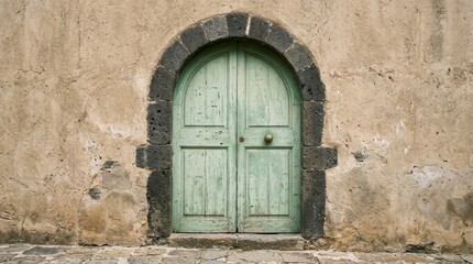 Fototapeta premium Vintage Green Door Set Against Light Stucco Wall in Pastoral Scene