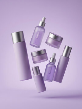 3D floating lavender cosmetic packaging mockup set with serum droppers and jars on purple background