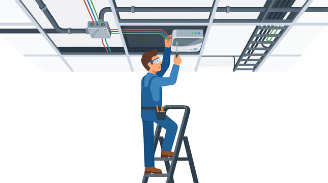 Professional electrician installing and wiring smart home control device on ceiling flat vector illustration.