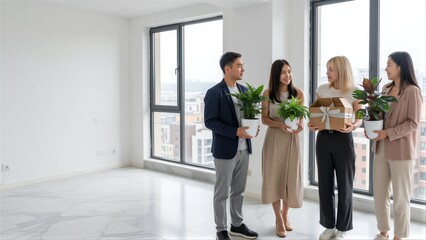 Fototapeta premium Four people in a bright, empty room holding plants and gifts near large windows.