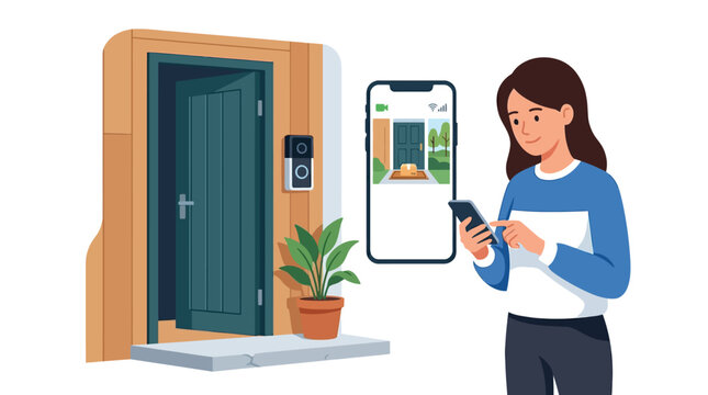 Woman checking smart doorbell camera feed on smartphone for package delivery flat design vector illustration.