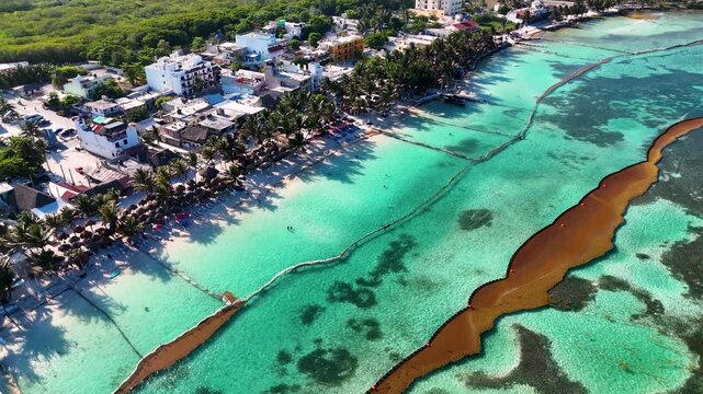 Spectacular aerial view of Mahahual tropical beach with sargassum barrier and turquoise water in Mexico on a sunny day - Pull in drone shot