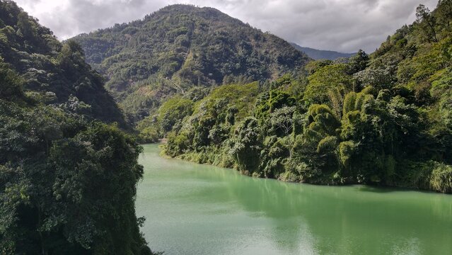 Mountain reservoir and hydroelectric penstock in Loma de Blanco, Dominican Republic