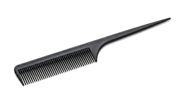 Professional black pintail comb for hair styling and sectioning isolated on white background