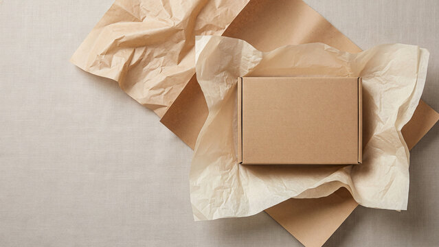 Blank cardboard box mockup surrounded by crumpled brown and white tissue paper on a textured surface