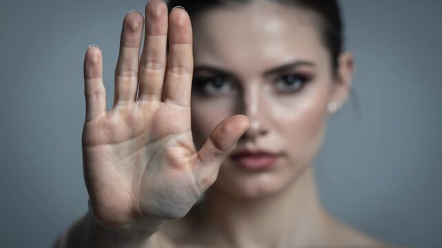 Confident woman raising hand in powerful defiance symbol inspiring strength and empowerment