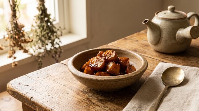 A single small earthenware dish holding Gamja-jorim (braised sweet potatoes) next to a vintage brass spoon.