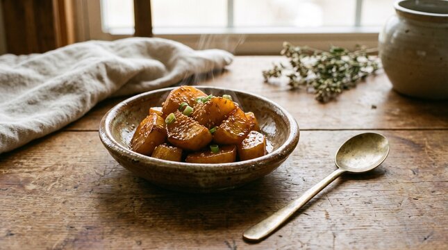 A single small earthenware dish holding Gamja-jorim (braised sweet potatoes) next to a vintage brass spoon.