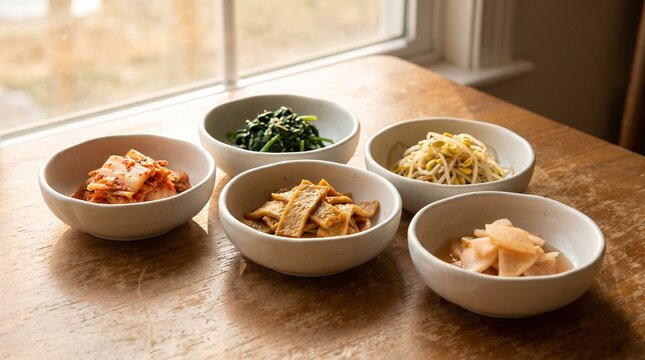 Five small matte-white ceramic bowls holding standard banchan fanned out in a arc, soft afternoon light.