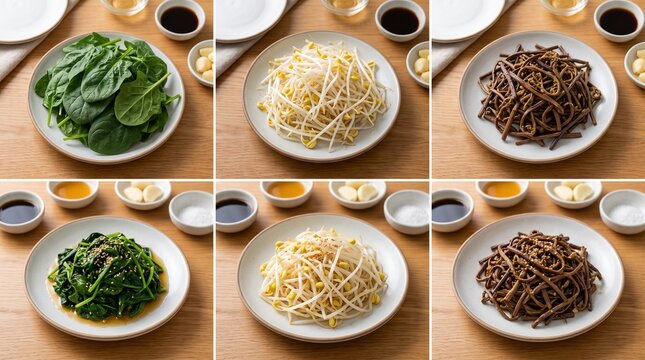 Grid of raw vs. seasoned versions of three namul vegetables: Spinach, Bean Sprouts, Fernbrake (Gosari). Aesthetic: Organized, clean.