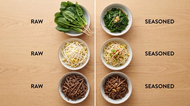 Grid of raw vs. seasoned versions of three namul vegetables: Spinach, Bean Sprouts, Fernbrake (Gosari). Aesthetic: Organized, clean.
