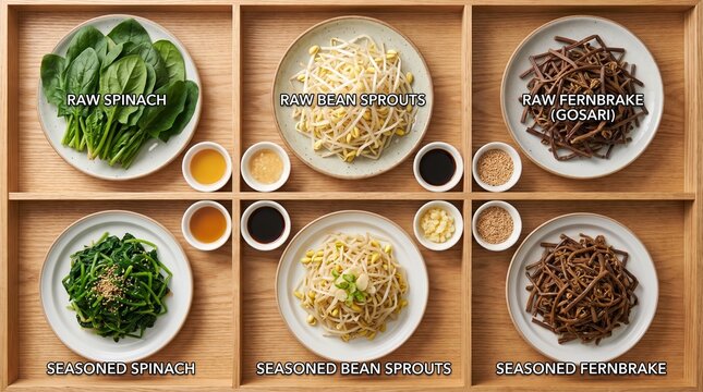 Grid of raw vs. seasoned versions of three namul vegetables: Spinach, Bean Sprouts, Fernbrake (Gosari). Aesthetic: Organized, clean.