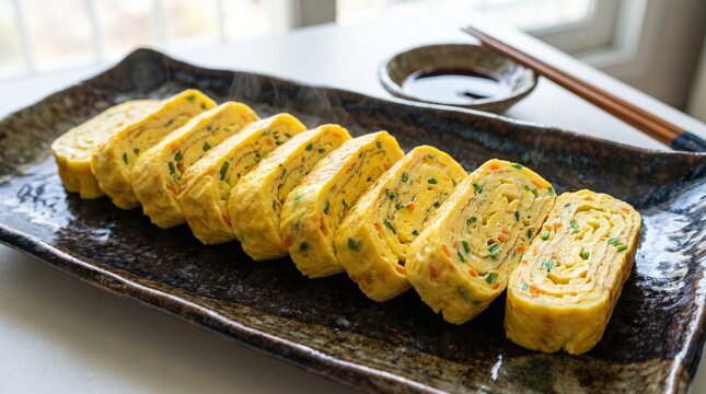 Slices of Gyeran-mari (rolled omelet) arranged neatly on a dark ceramic rectangular plate, showing the layers and green onion inclusions.