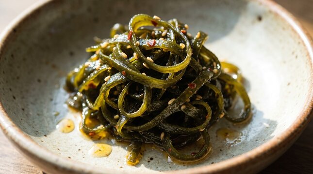 The texture of seasoned seaweed salad (Miyeok-j줄기볶음) glistening with sesame oil.