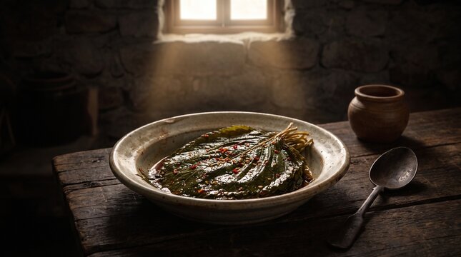 A single, aged banchan dish holding pungent marinated perilla leaves (Kkaennip-jangajji) under focused light.