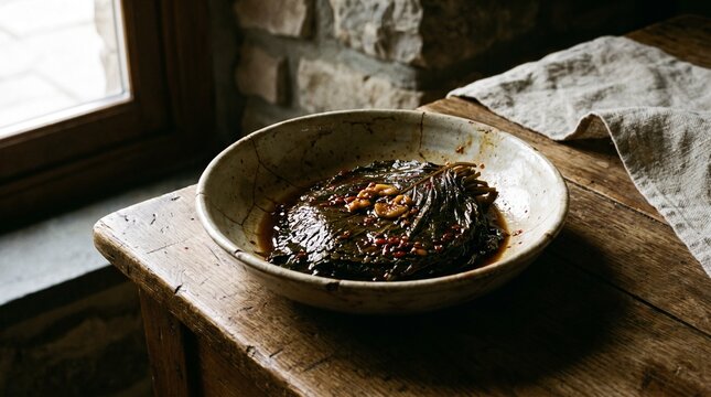 A single, aged banchan dish holding pungent marinated perilla leaves (Kkaennip-jangajji) under focused light.