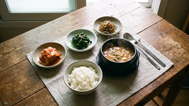 A simple, daily home-cooked meal spread: one bowl of rice, one ttukbaegi soup, and three small banchan dishes.