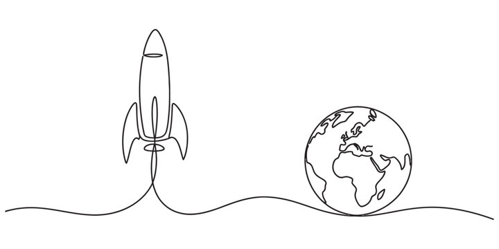 Continuous single line drawing of a rocket flying to planet earth