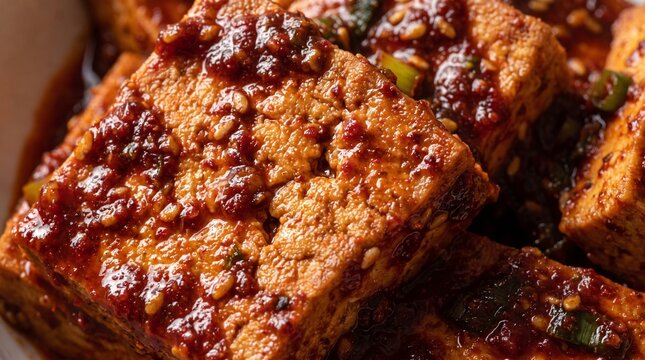 The coarse texture of Dubu-jorim (braised tofu) coated in spicy gochugaru red sauce.