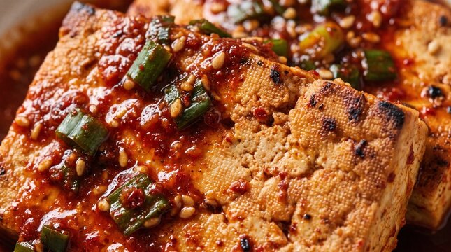 The coarse texture of Dubu-jorim (braised tofu) coated in spicy gochugaru red sauce.