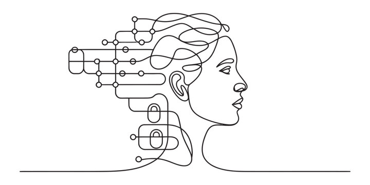 Continuous line art of a human head and digital technology network