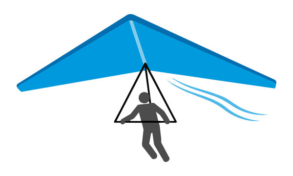 Minimalist hang glider silhouette with a triangular wing in bold flat color blocks against a white background, adventurous outdoor travel concept
