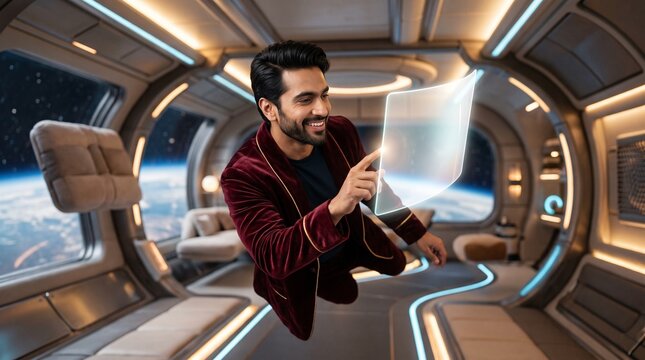 Smiling man interacting with a transparent screen in a futuristic spac